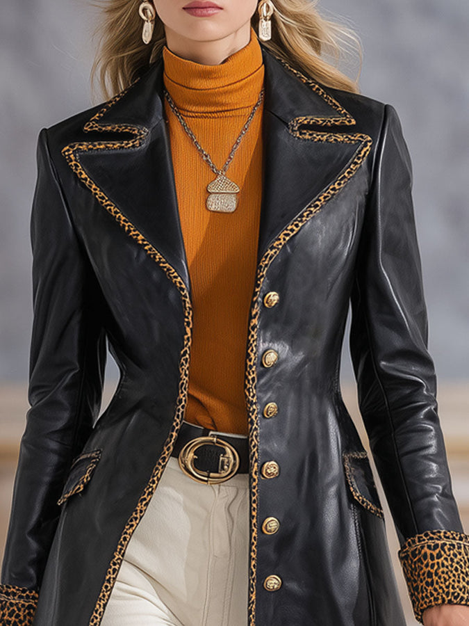 Veste en simili cuir avec col à revers et motif léopard