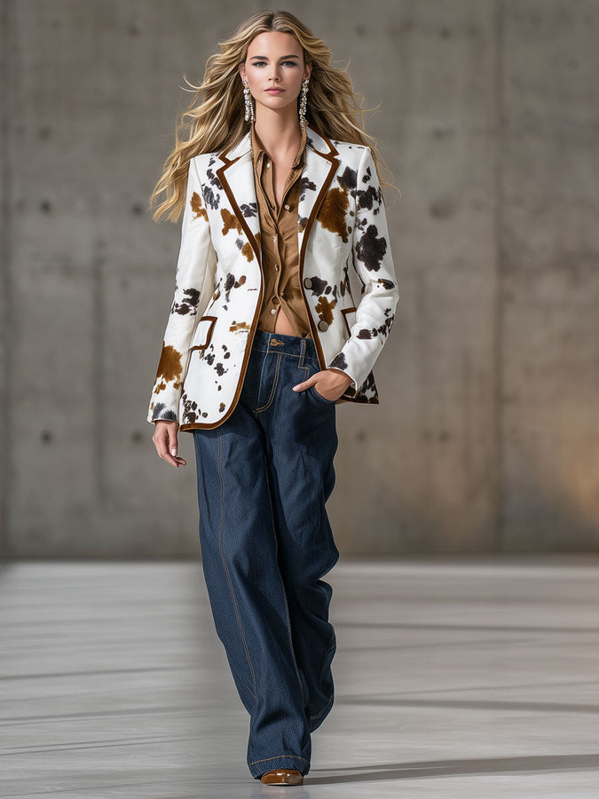 Blazer Velours Blanc au Style Western Rétro avec Détails Marron