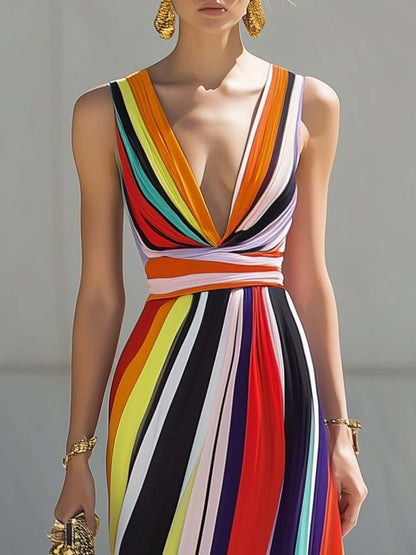 Robe Maxi Chiffon à Rayures Arc-en-Ciel avec Décolleté en V - Expédition Rapide en 24 Heures