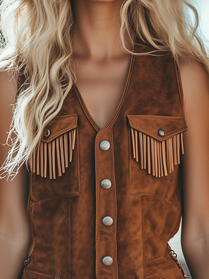 Salopette Vintage Western en Suède Brun avec Franges - Expédition Rapide en 24 Heures !