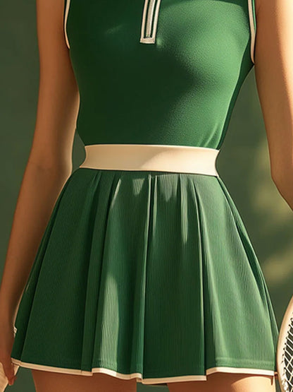 Robe Mini Sans Manches Verte à Col Polo avec Détails Blancs - Expédition Rapide en 24 Heures