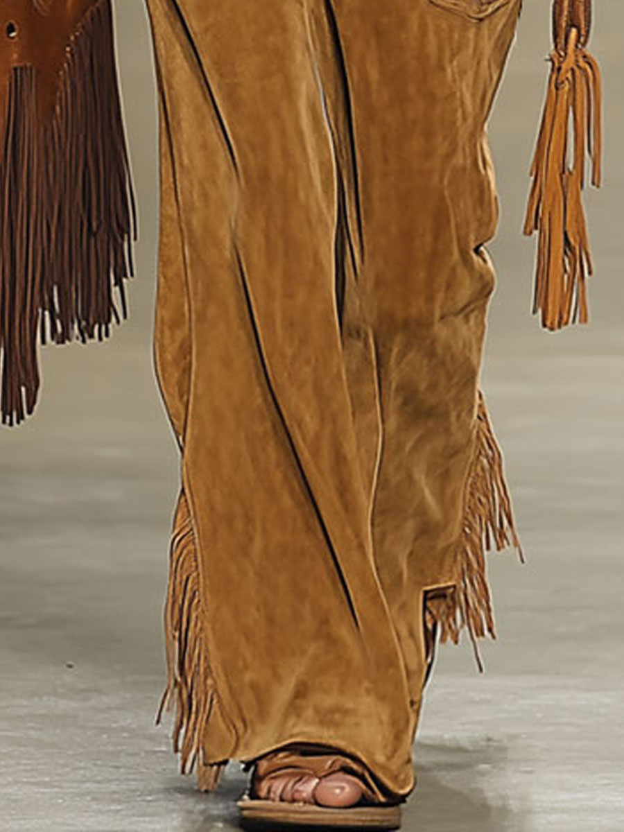 【Expédition rapide en 24 heures】Pantalons en suède caramel vintage avec rivets et franges