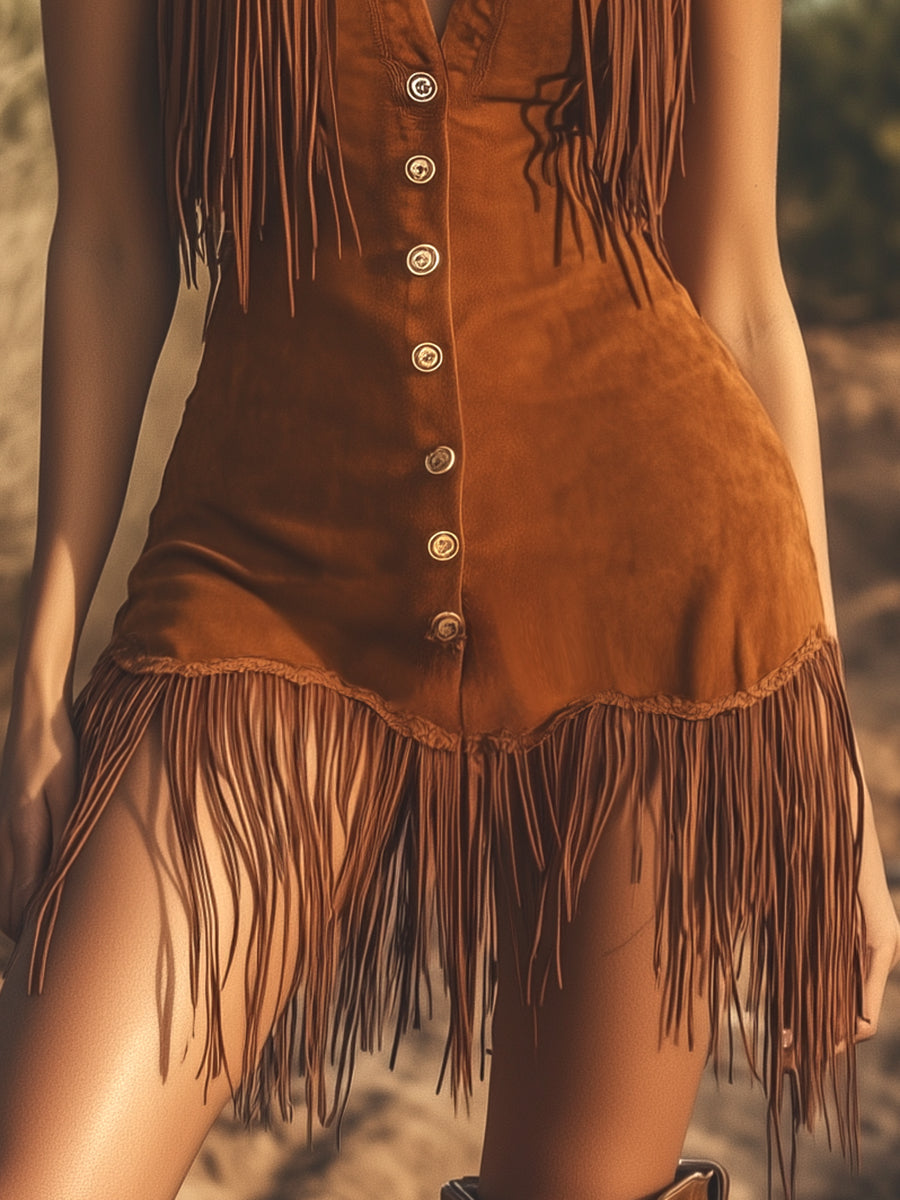 Robe Mini Sans Manches en Suède Brun Vintage avec Franges – Expédition Rapide en 24 Heures!