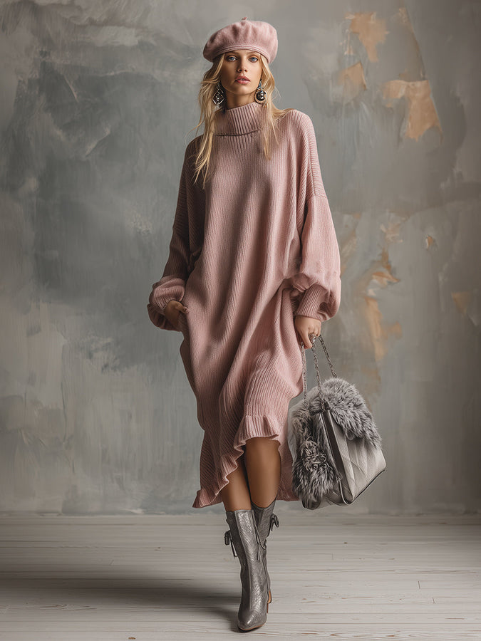 Robe Midi Élégante en Tricot Rose avec Col Montant et Ourlet Volanté