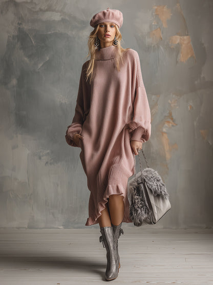 Élégante Robe Midi Tricotée Rose Pâle à Col Montant et Détails Volants
