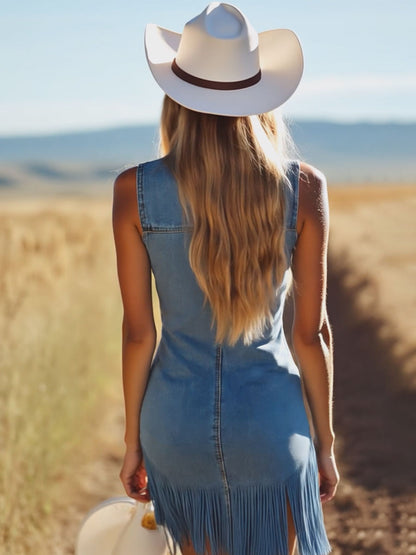 Robe Mini Sans Manches en Jean Vintage Bleu à Franges - Col V et Ceinture - Expédition 24h