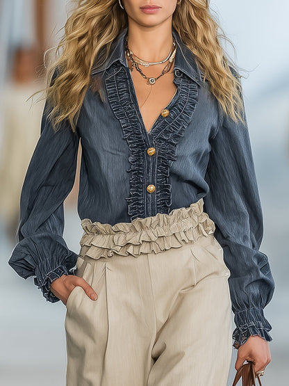 Chemise Vintage en Jean Bleu Foncé à Manches Longues avec Volants