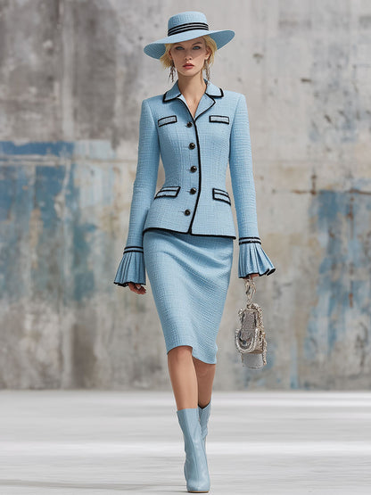 Ensemble Élégant en Tweed Bleu : Haut à Manches Volantes et Jupe Coordonnée