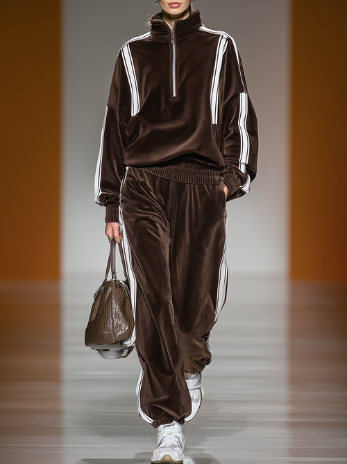 Ensemble Sportif Rétro : Sweat-Shirt à Col Montant Contrasté et Pantalon avec Fermeture Éclair
