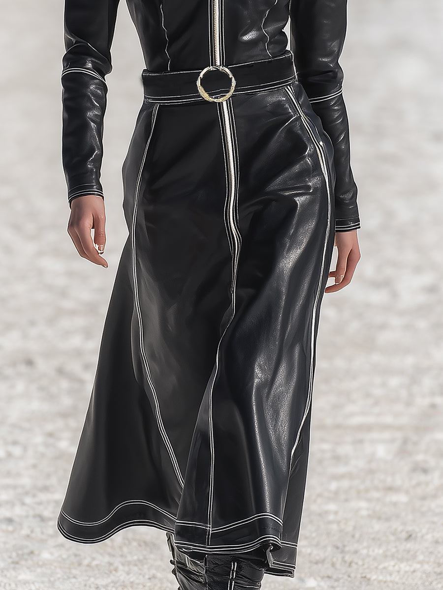 Robe Maxi à Capuche en Similicuir Noir avec Élégantes Surpiqûres Rétro