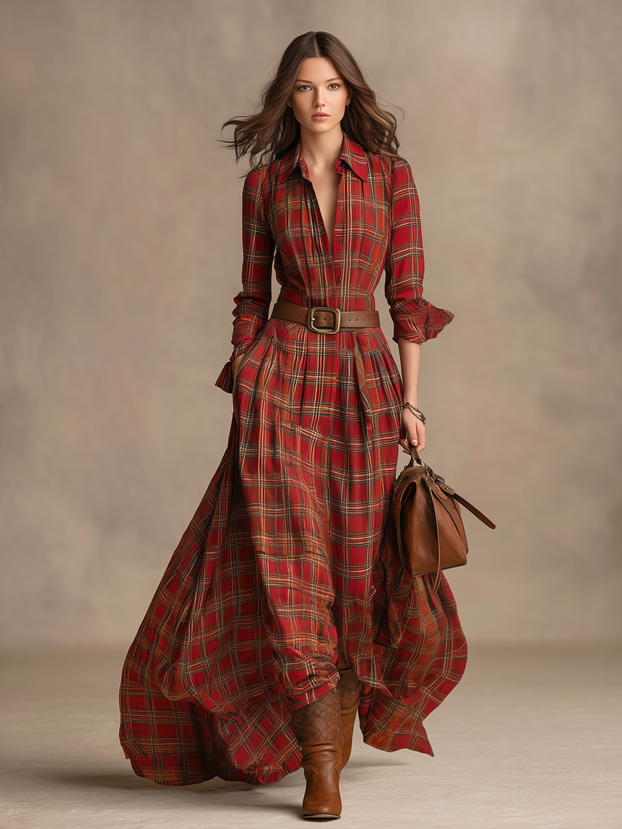 Robe Maxi Vintage à Motif Carreaux avec Col Revers et Manches Longues