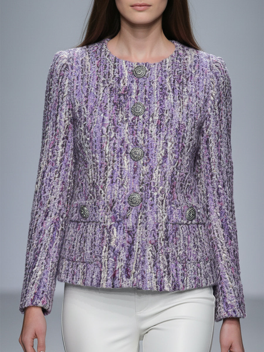 Veste courte en tweed violet à boutons et col rond