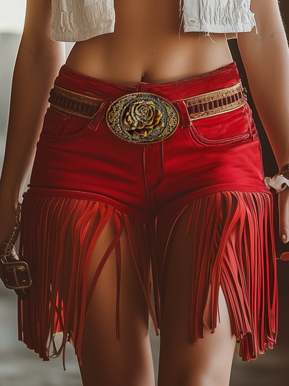 【Expédition en 24 heures】Shorts Vintage Western à Franges Rouges