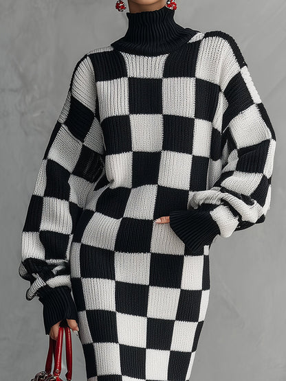 Robe Midi Tricotée à Motif Carreaux Noir et Blanc : Élégance Rétro et Tendance