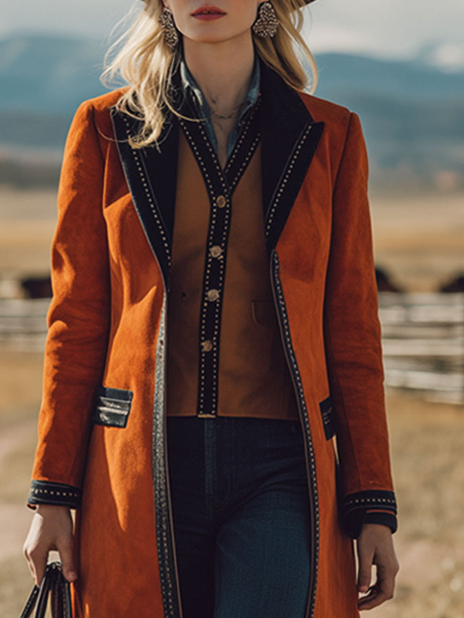 Veste en faux suède orange au style rétro nomade avec finitions noires