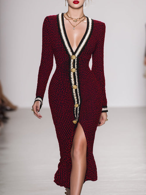 Robe Maxi Tricotée V-Cou Boutonnée Rouge et Noir - Style Rétro Élégant