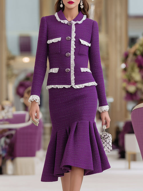 Ensemble Élégant : Veste Ruffle Blanche en Tweed Violet avec Jupe Accordée