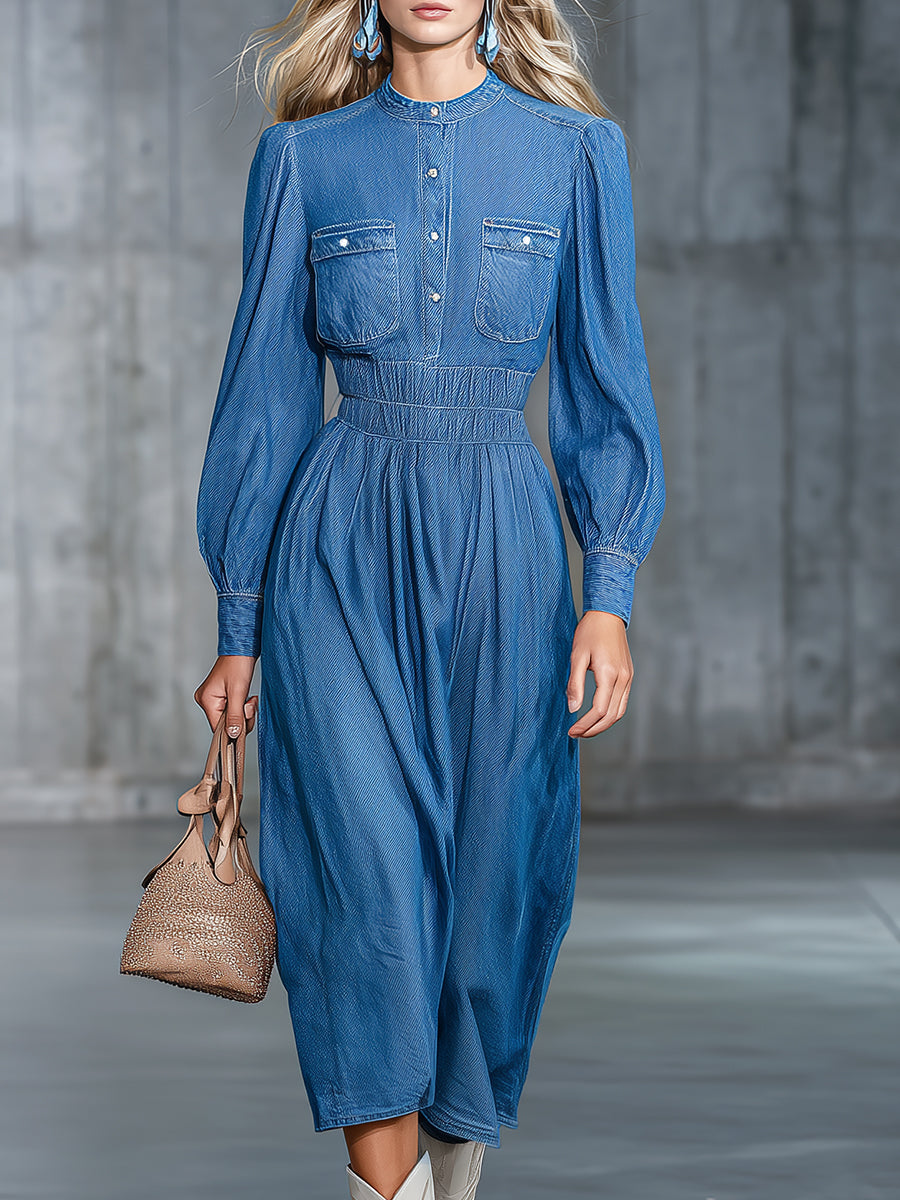 Robe Midi en Jean à Encolure Ronde - Confort Élastique et Style Décontracté