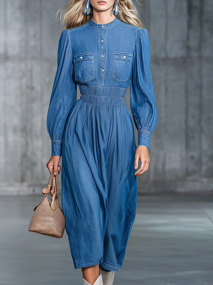 Robe Midi en Denim Élastique : Élégance Simple et Confort Optimal