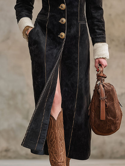 Veste en faux suède avec col sherpa, style western à boutonnage classique