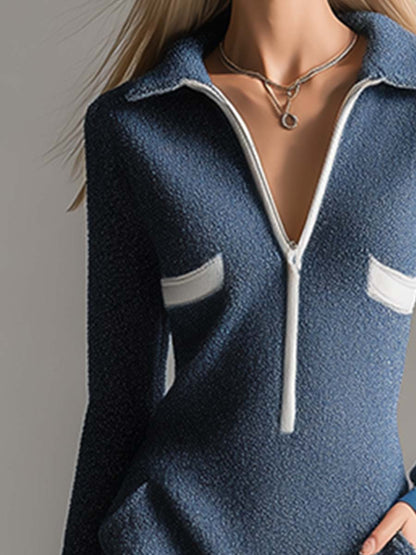 Robe Maxi Casual Bleue en Fleece Polaire Léger à Col V - Confort et Élégance