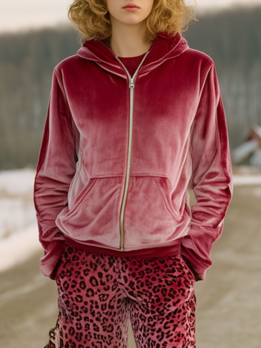 Ensemble Chic en Velours Rose Dégradé avec Pantalon Imprimé Léopard