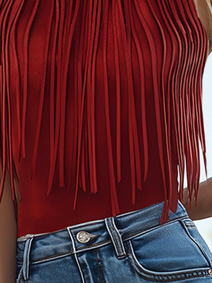 Veste sans manches en daim rouge rétro western avec franges - Expédition sous 24 heures