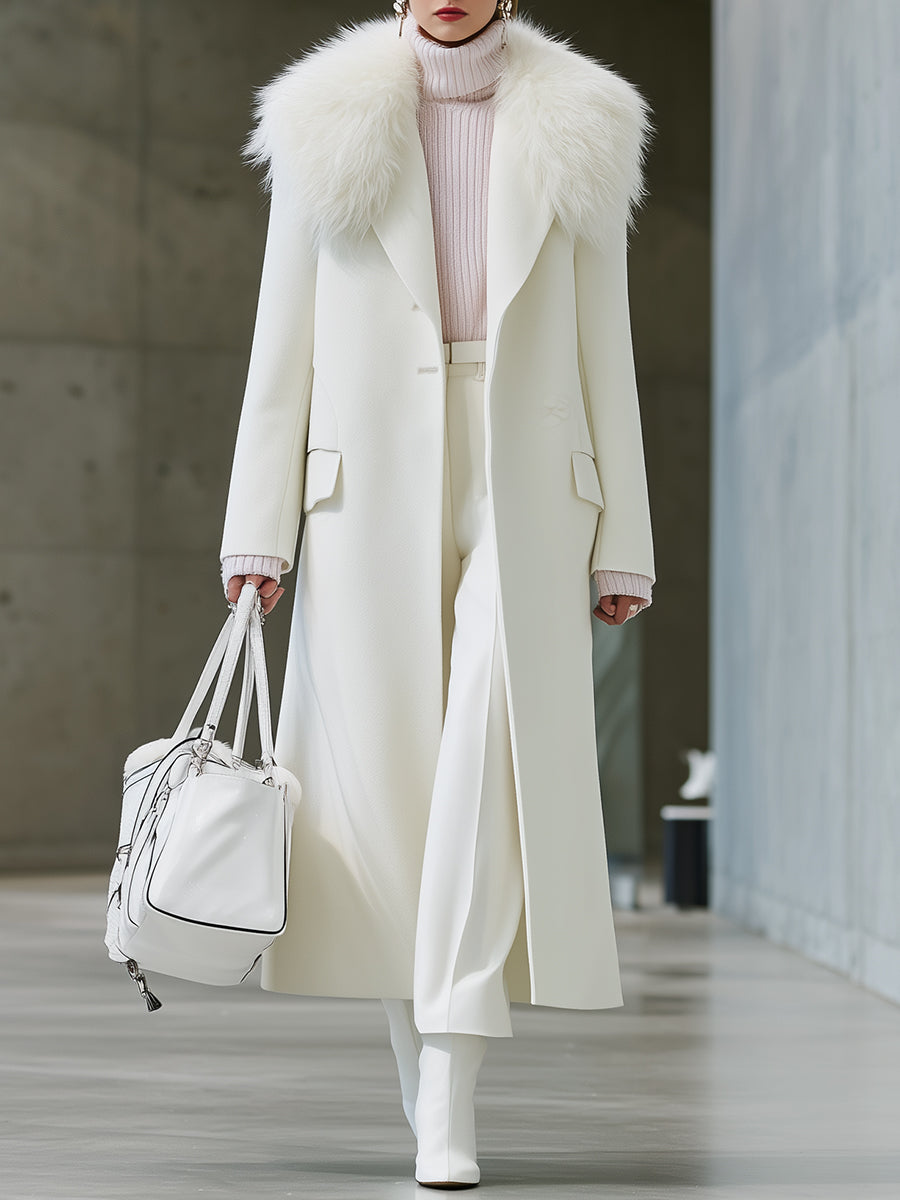 Longue Manteau en Laine Écologique avec Col Blanc Élégant