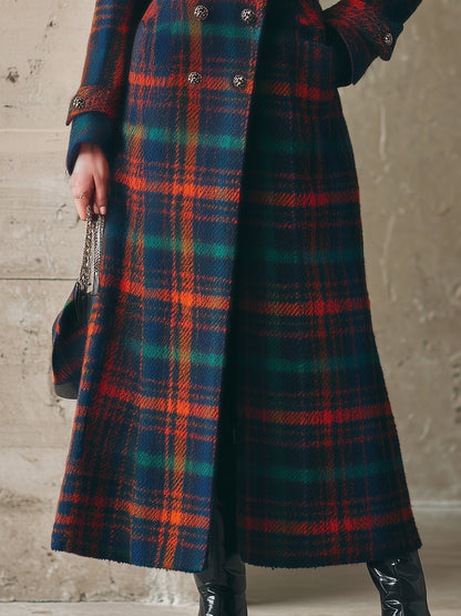 Veste Longue en Laine à Motifs Carreaux avec Col en Fourrure Synthétique – Chic Rétro et Tendance