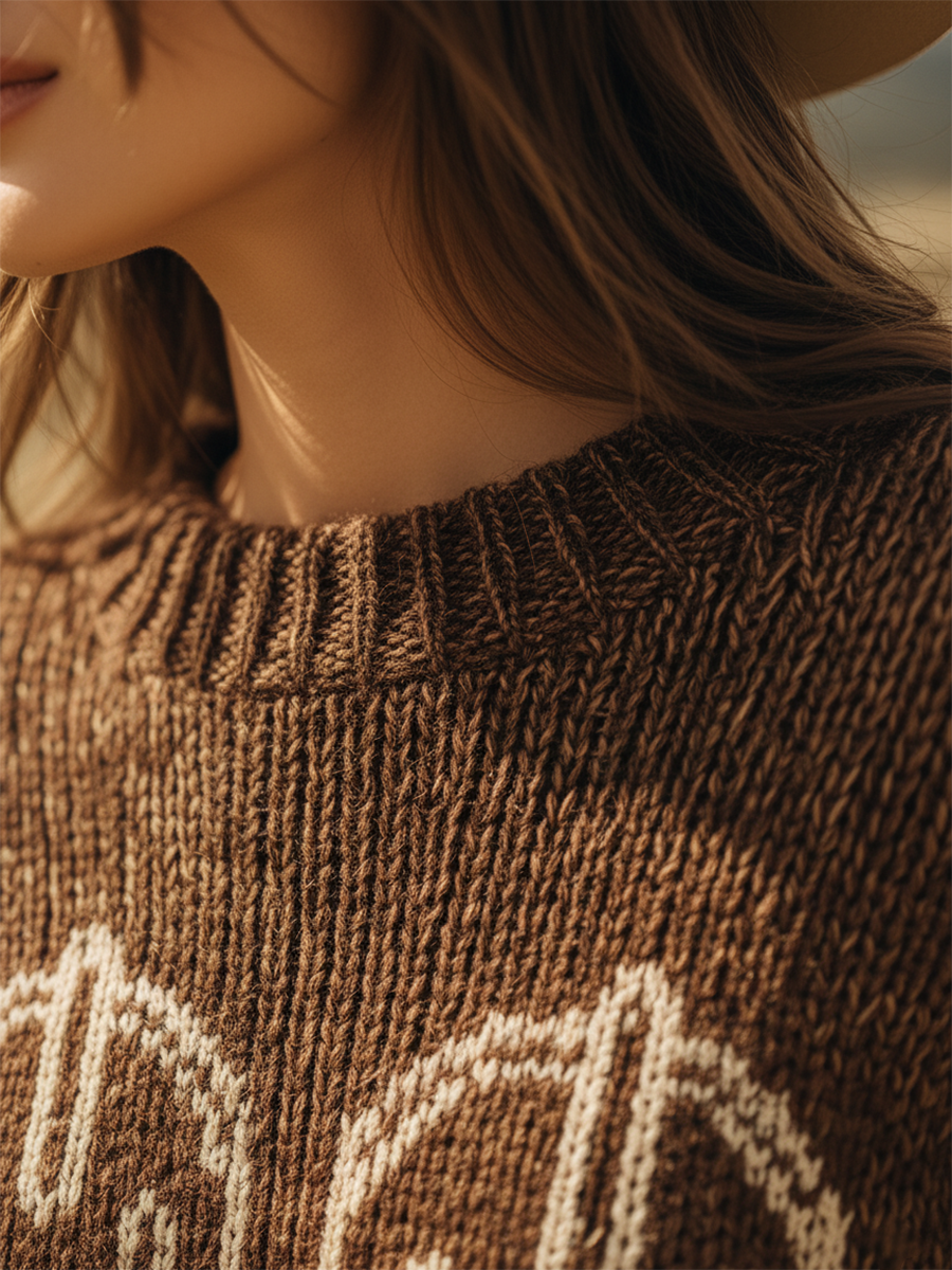 Pull Vintage Col Rond à Motif de Bottes Western