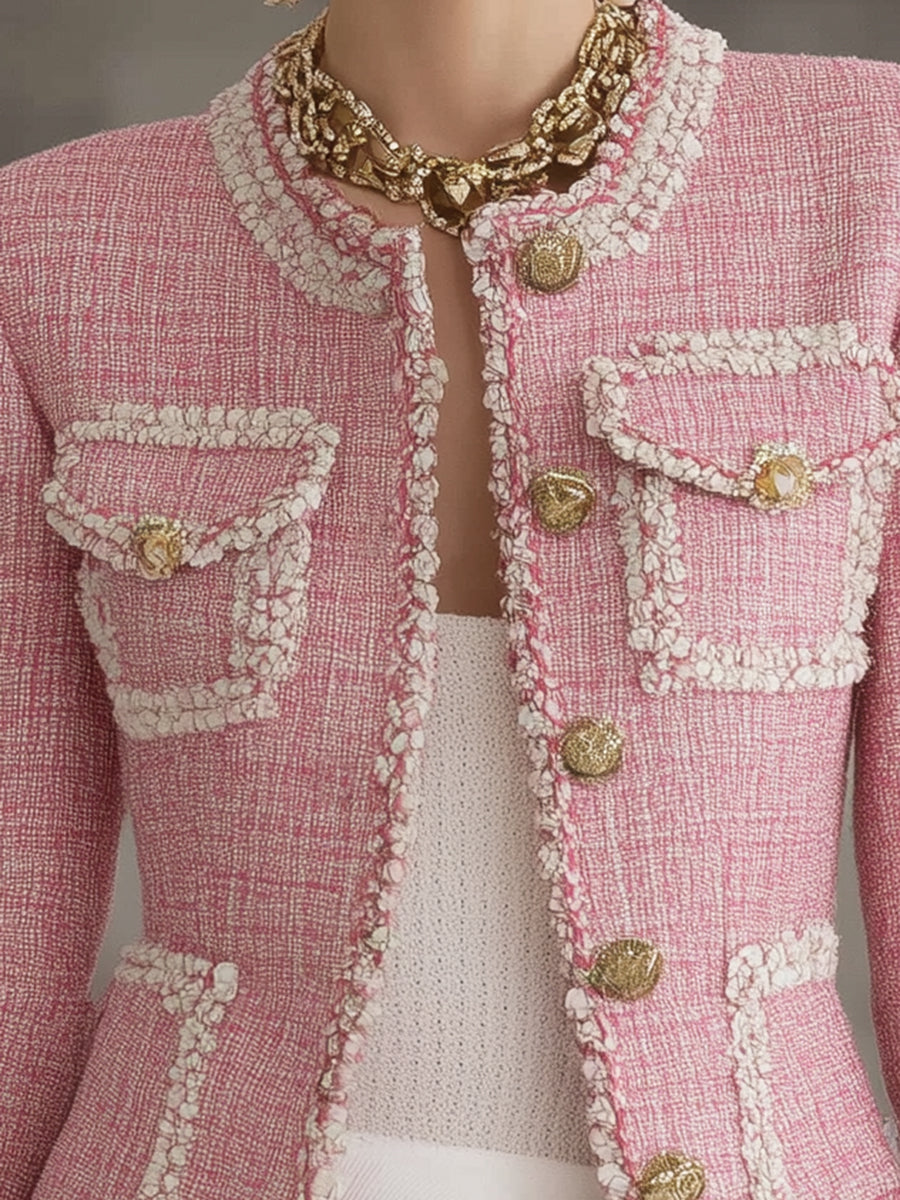 Veste en Tweed Rose Chic avec Détails Blancs