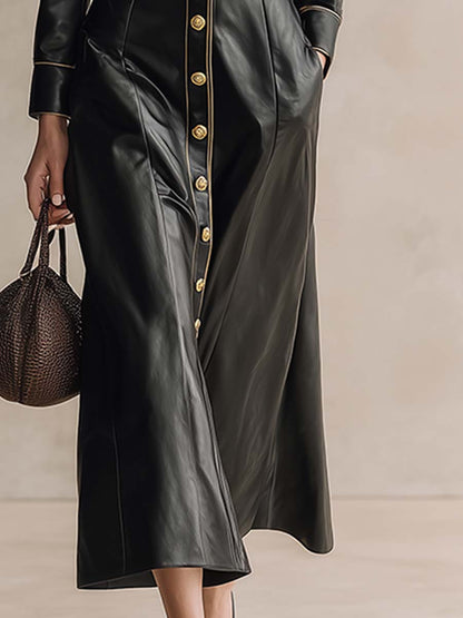 Robe Maxi Noire en PU avec Boutons Frontaux et Col Tendance