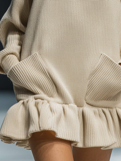 Robe Romantique Khaki Clair à Volants en Tricot Mini