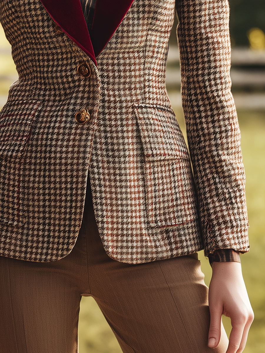 Élégant Blazer en Velours Rétro à Motif Pied-de-Poule avec Bouton Unique