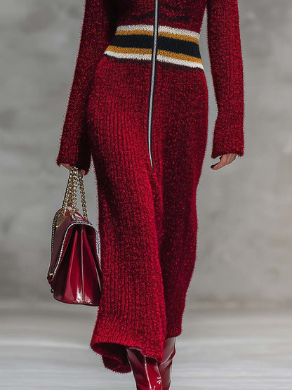 Robe Maxi Tricotée Rouge Éclatante avec Capuche et Zip