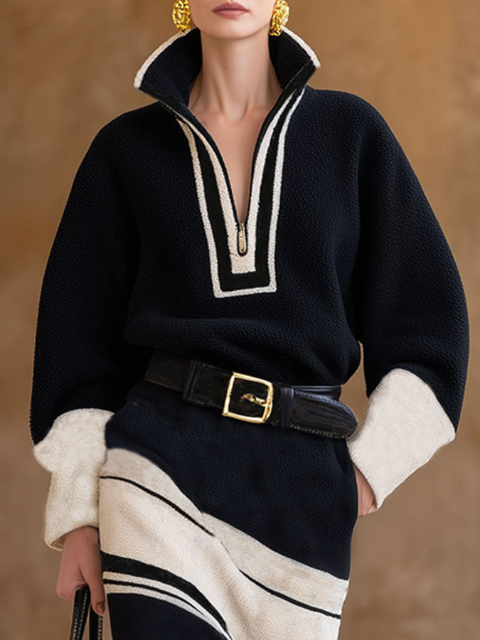 Robe Midi Zippée en Fleece avec Col Montant et Détails Colorés