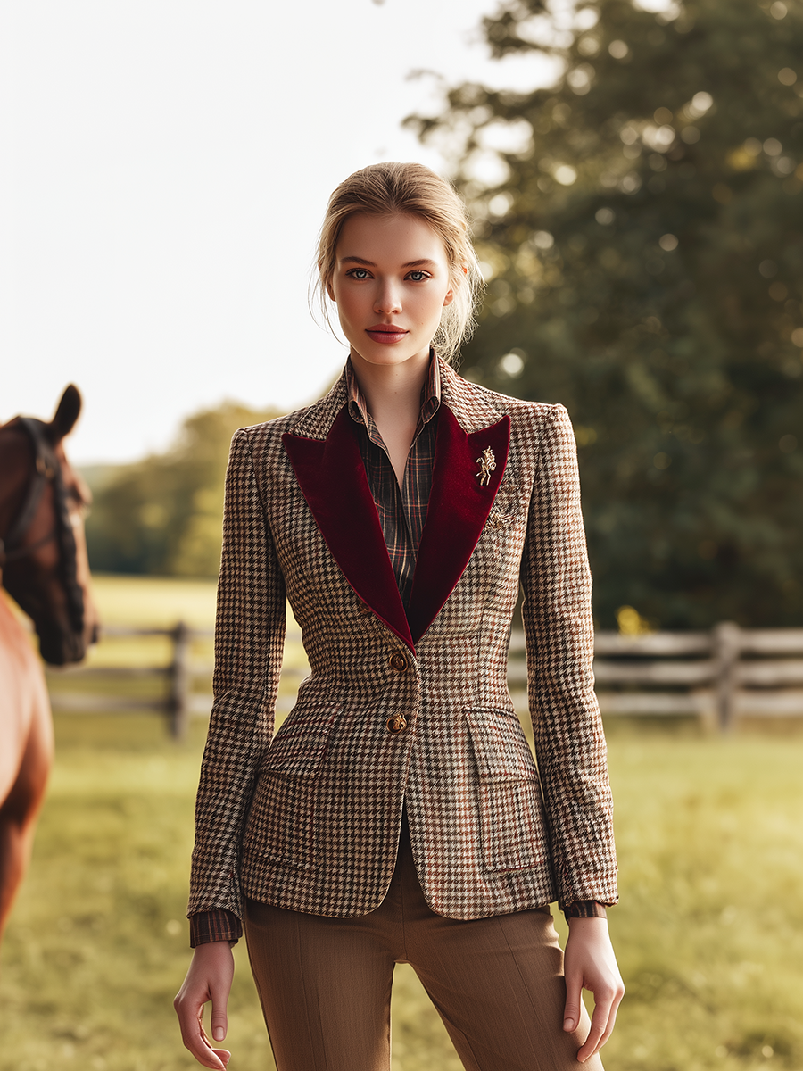 Élégant Blazer en Velours Rétro à Motif Pied-de-Poule avec Bouton Unique