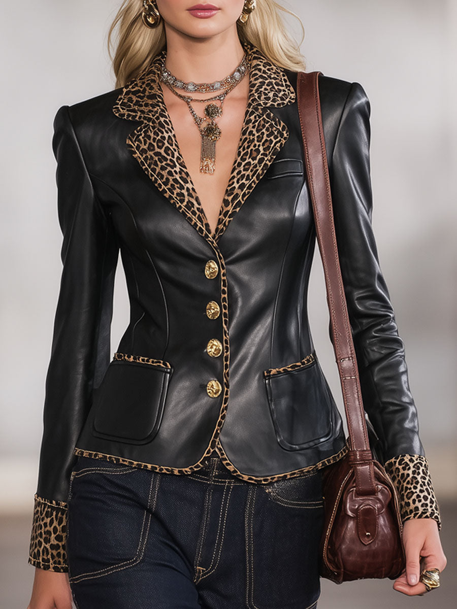 Blazer Chic en Simili Cuir avec Imprimé Léopard et Revers à Un Bouton