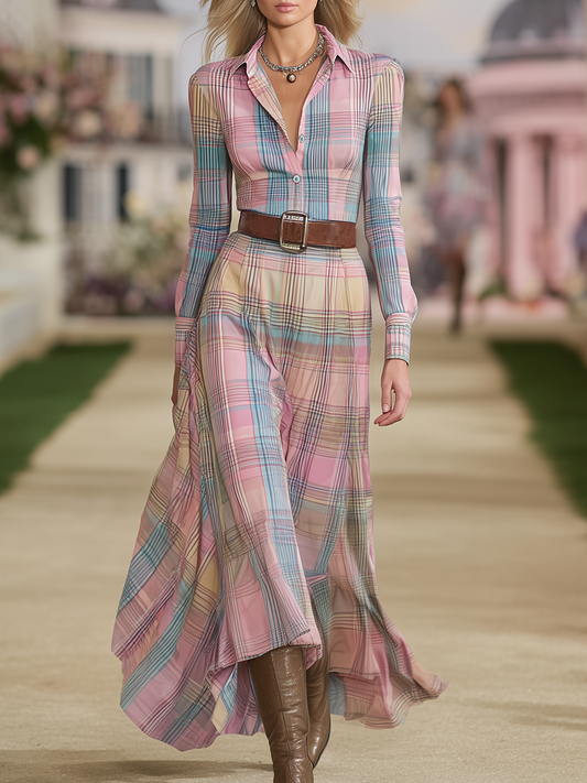 Robe Maxi à Manches Longues à Motif Carreaux Western Vintage