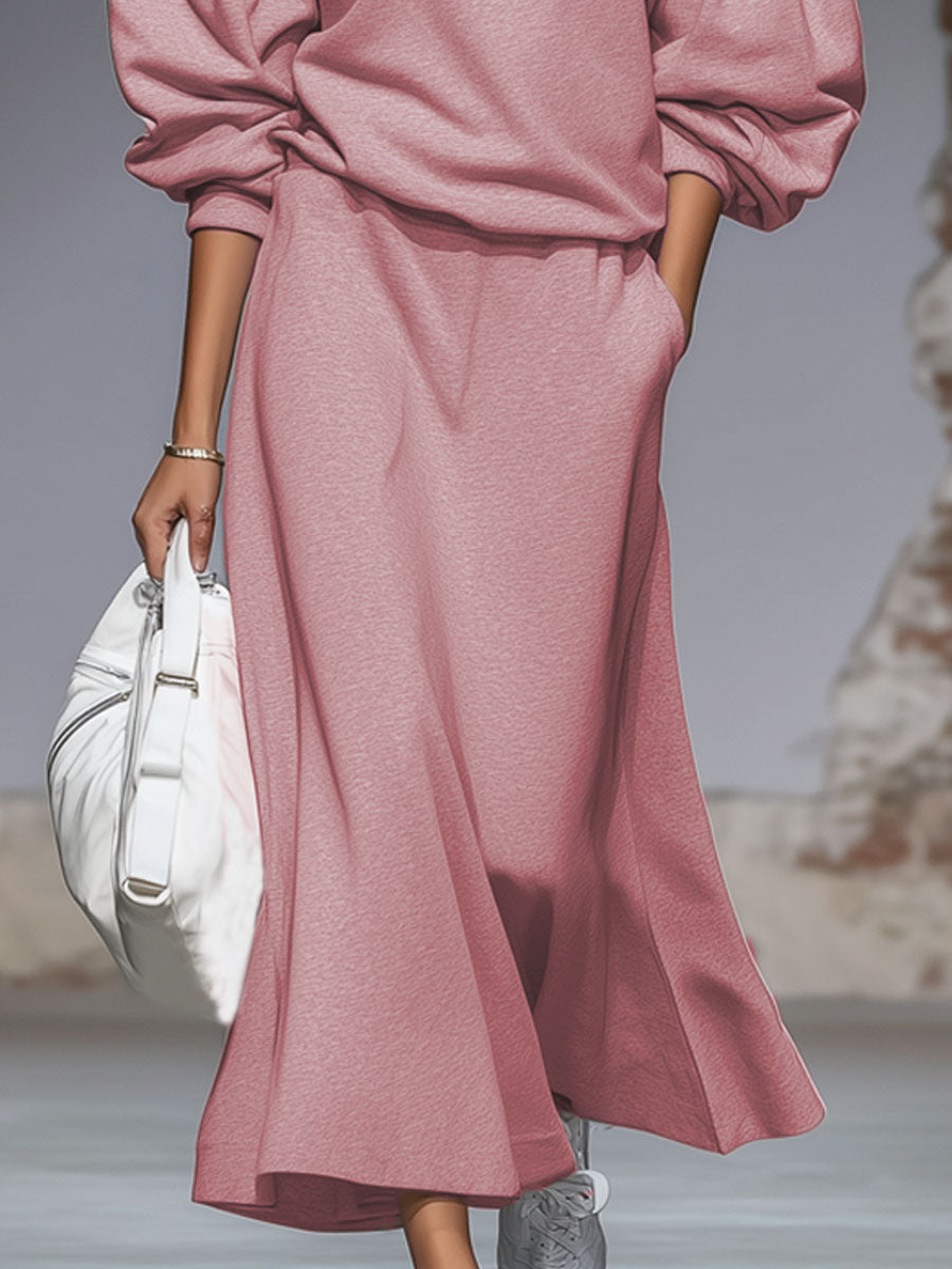 Ensemble Rétro : Sweatshirt à Col Rond et Jupe à Manches Bouffantes en Rose