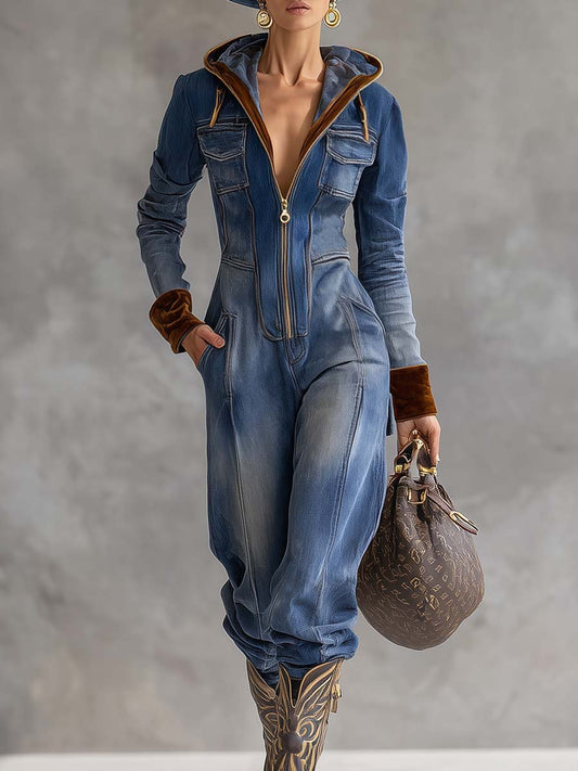 Veste Vintage Western en Velours Denim Bleu - Jumpsuit Décontracté à Capuche et Col en V Zippé