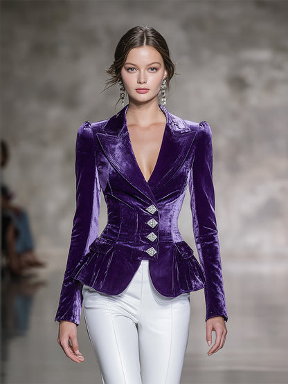 Élégant Blazer en Velours Violet Orné de Boutons en Diamant