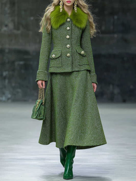 Ensemble Chic en Tweed : Jupe et Veste avec Col en Fausse Fourrure - Style Rétro