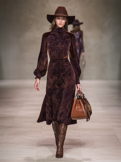 Robe Vintage en Velours à Col Montant et Manches Longues