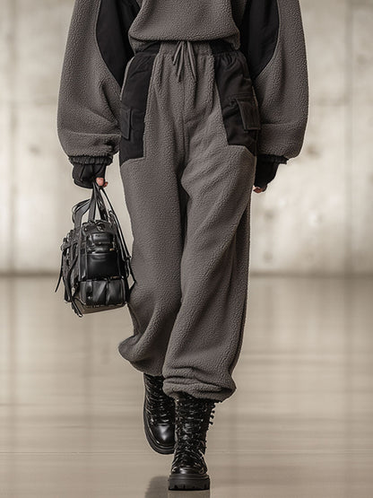 Ensemble Décontracté en Polaire Grise Vintage avec Sweat à Capuche et Pantalon