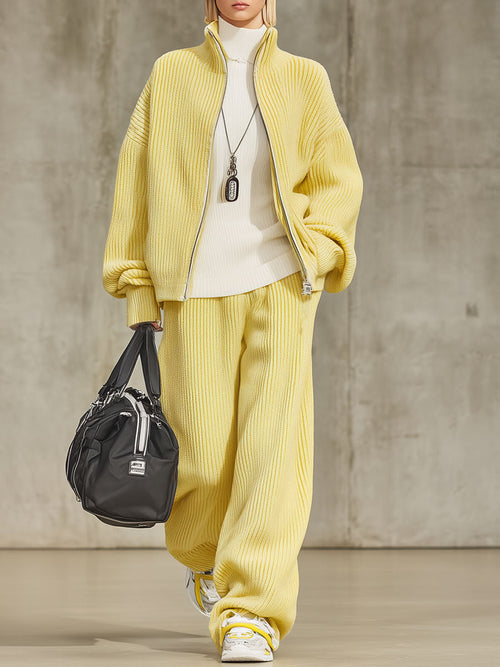 Ensemble Tricot : Cardigan Zippé à Col Montant et Pantalon Large