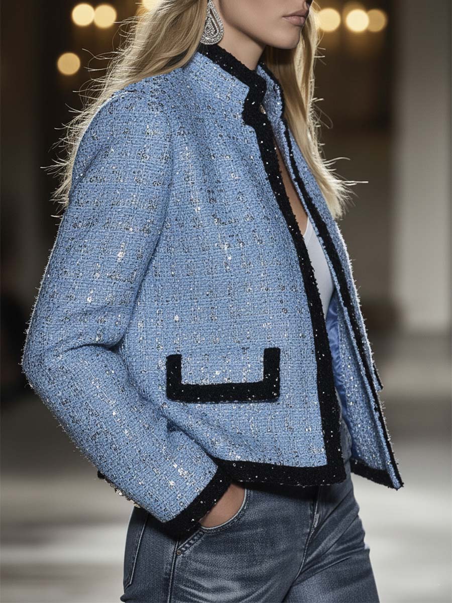 Veste en Tweed Bleu Chic et Éclatante avec Paillettes