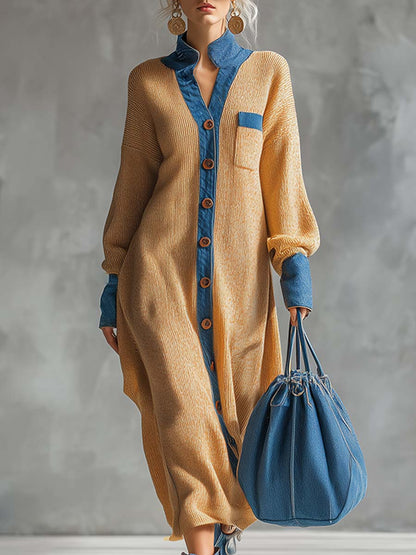 Maxi Cardigan en Denim Tricoté : Élégance Évasée et Tendance