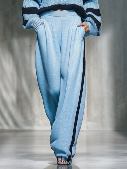 Ensemble Tricoté Chic : Pull à Rayures Bleues et Noires avec Pantalon Large