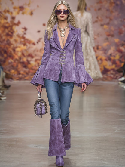 Veste Romantique Rétro en Faux Suède Violet avec Boutons Élégants